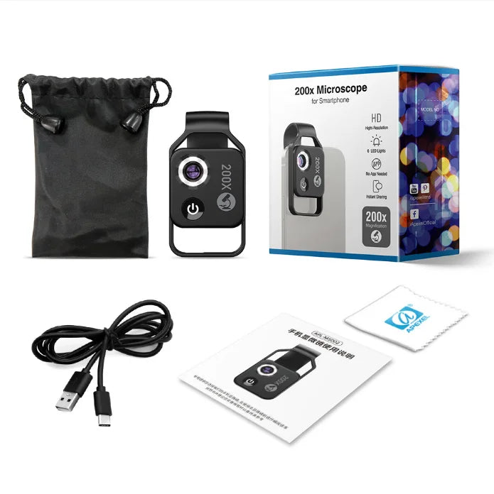 ZOMMIXA: 200X HD Pocket Microscope with LED Light & Phone Clip