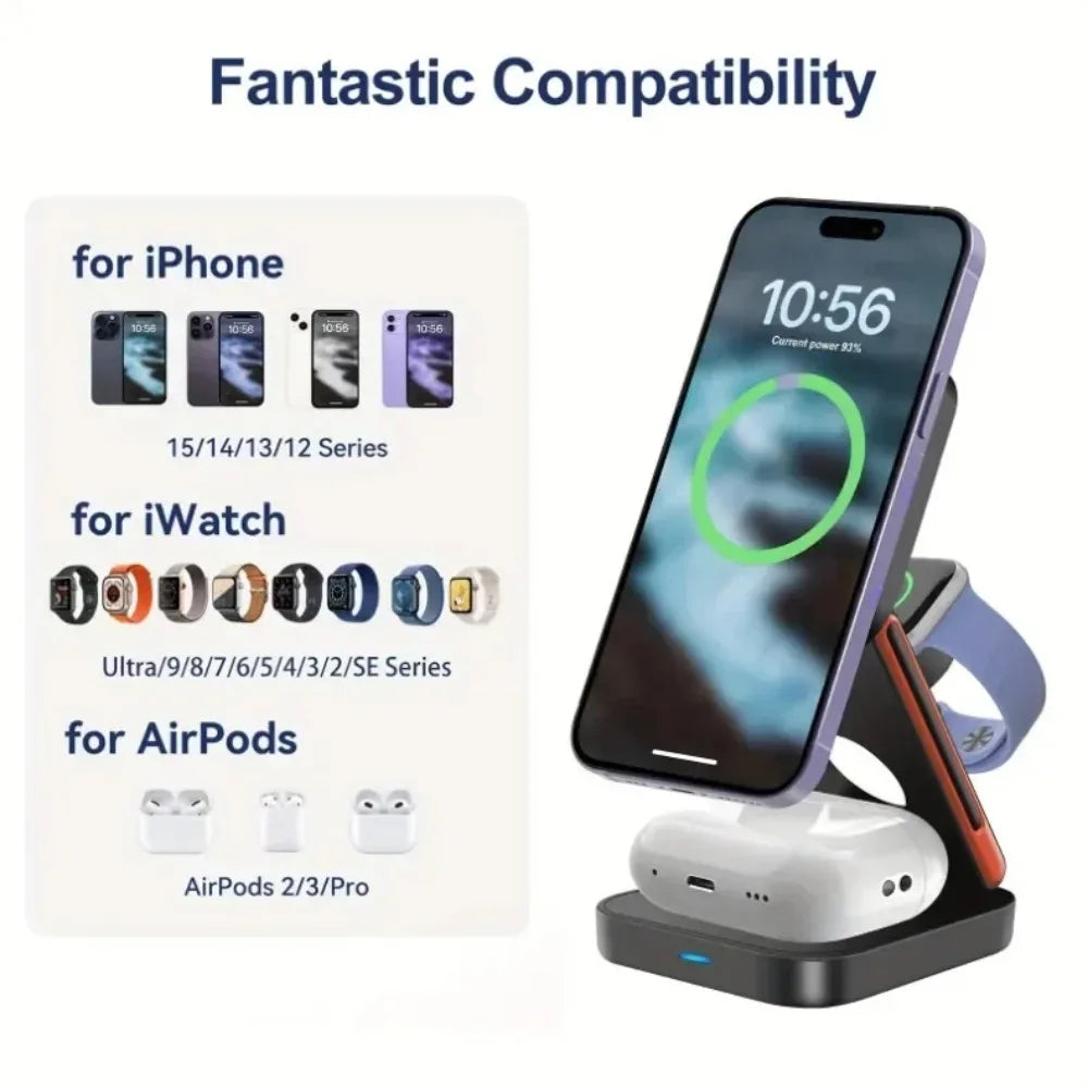3 in 1 Foldable Magnetic Wireless Charger Stand Fast Charging Station for iPhone 16 15 14 13 12 iWatch 10-2 Airpods Pro Max